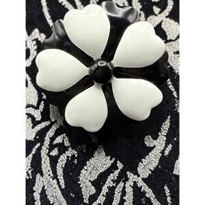 Vintage St John Knit Signed Enamel Flower Brooch Black and White
